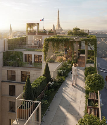 Photorealistic visualization of a luxury rooftop terrace in Paris with lush landscape design and an iconic Eiffel Tower view, high-end hospitality and residential architecture rendering.