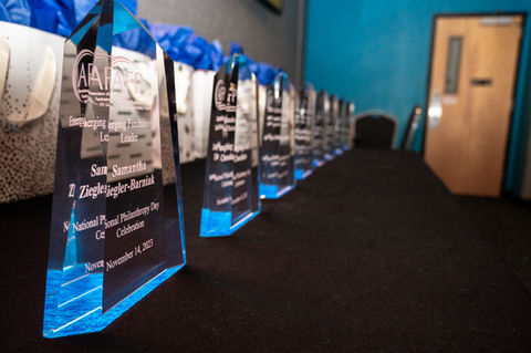 a close up of awards lined next to each other sitting on a table
