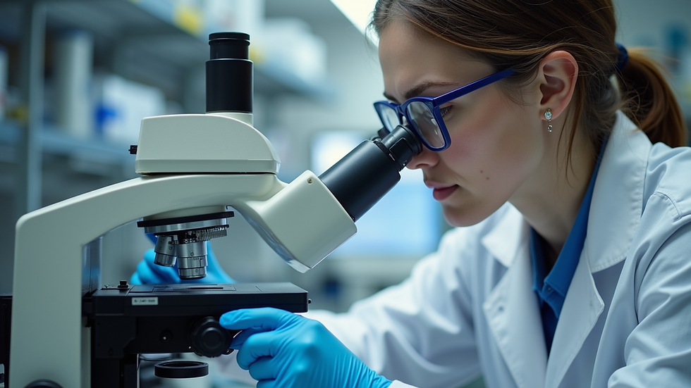 Eye-level view of a laboratory technician inspecting a refurbished analytical instrument