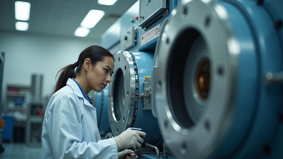 Eye-level view of a technician inspecting a refurbished centrifuge in a lab