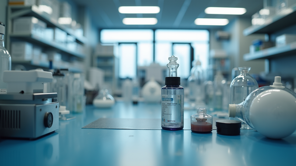 Eye-level view of a laboratory equipment display with clear labels and pricing