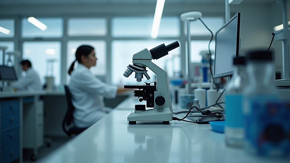 Eye-level view of a laboratory workstation with a microscope and analytical instruments