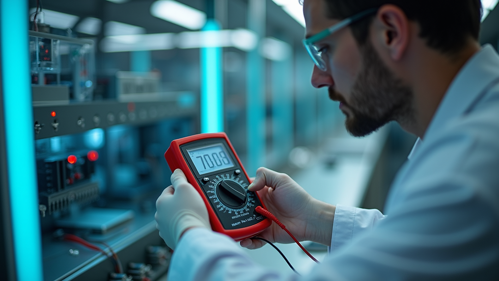 Eye-level view of a technician using a multimeter on lab equipment