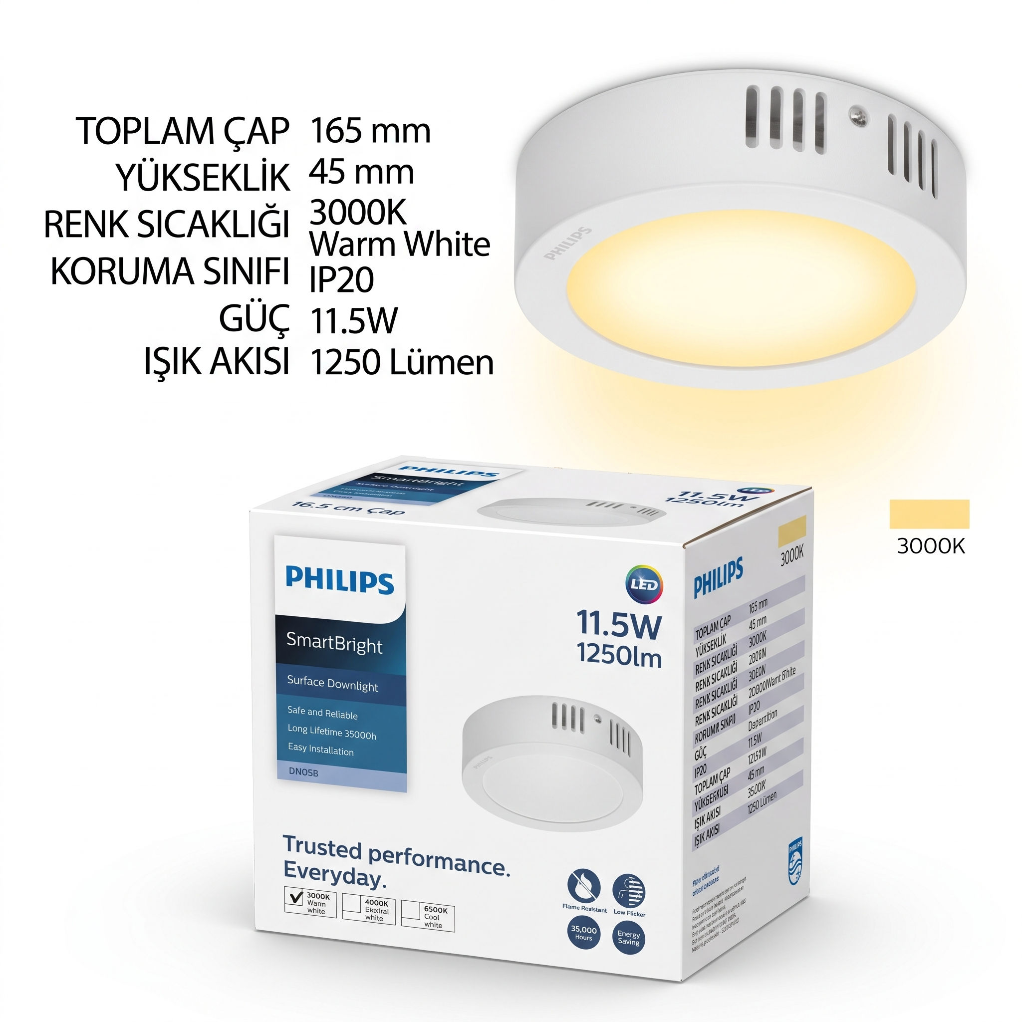 Philips  11.5w  1250 lumen  3000k sarı ışık capı 165mm yükseklik 45mm