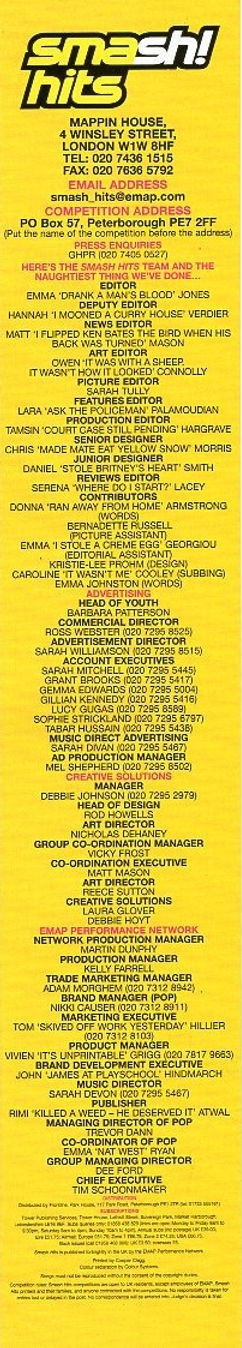 Credits - Smash Hits - Issue 591 - 25th July - 7th August 2001.jpg