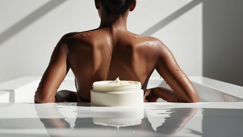 Le dos d’une femme noire mouillée dans une dalle de bain tenant un pot de gommage du corp