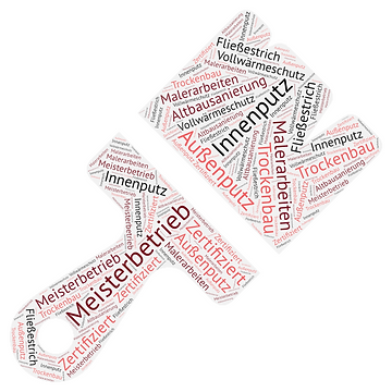 Wortwolke mit den angebotenen Leistungen wie Innenputz, Außenputz, Trockenbau, Malerarbeiten, Wärmeschutz und Altbausanierung