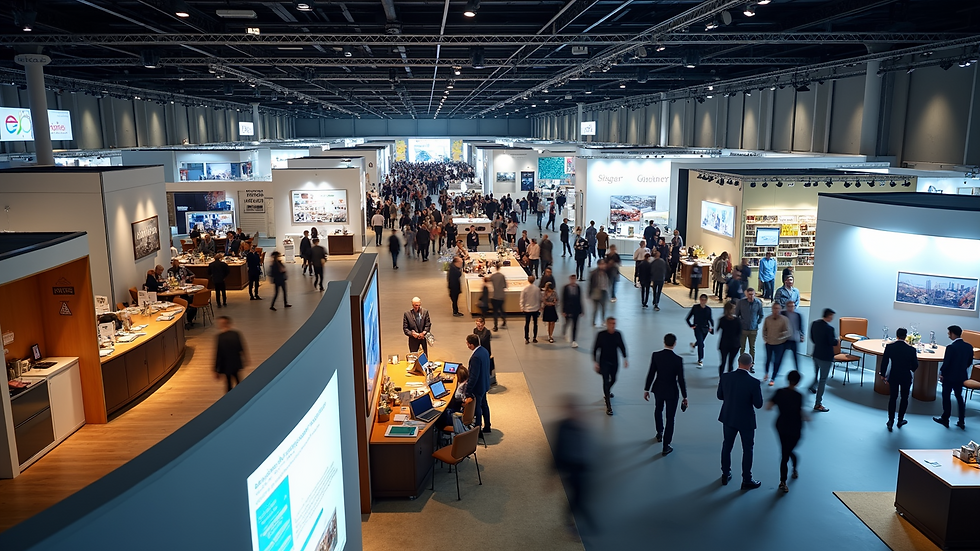 High angle view of a bustling trade show for hospitality suppliers