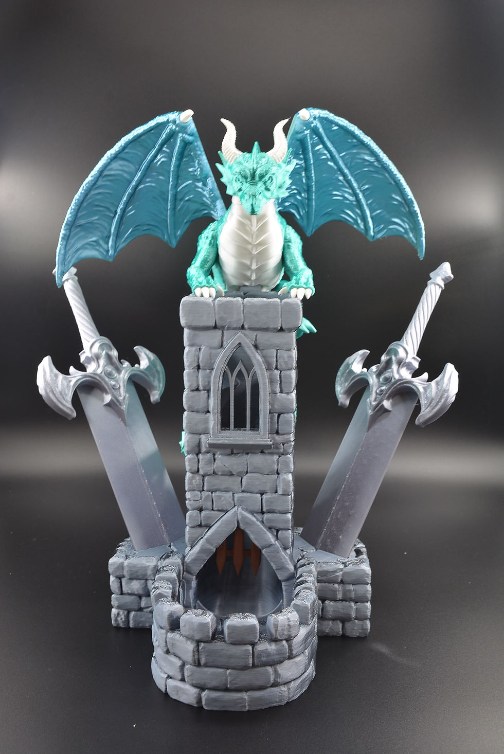 Thumbnail: 3D printed dragon‑themed dice roller with sword accessories