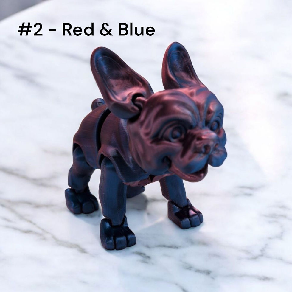 3D-printed Stella the French Bulldog figure with articulated limbs and signature wrinkled detailing. Inspired by the TV chara