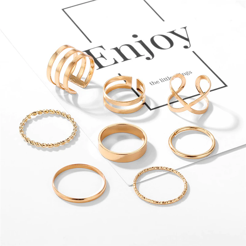 Thumbnail: Gold Round Geometric Ring Set Cross, Twist, Open Ring, Joint Ring
