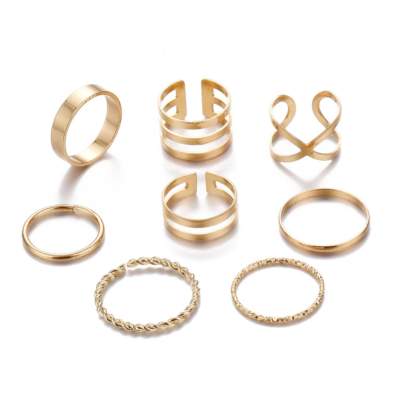 Thumbnail: Gold Round Geometric Ring Set Cross, Twist, Open Ring, Joint Ring