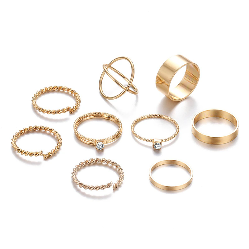 Thumbnail: Gold Round Geometric Ring Set Cross, Twist, Open Ring, Joint Ring