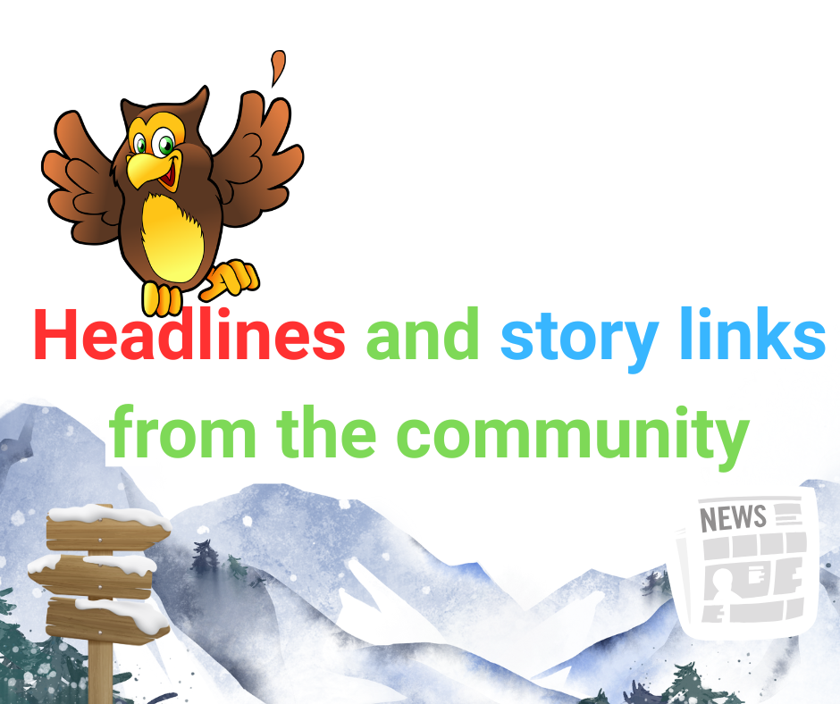 Cartoon owl with open wings above text "Headlines and story links from the community" on scenic snowy mountain background with wooden sign.