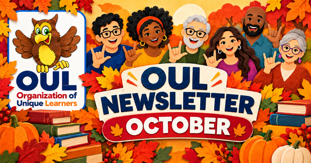 Colorful paper-cut illustration for the OUL October Newsletter. Six smiling adults of different ages and backgrounds face forward and make the ASL “I love you” sign. The OUL owl logo appears beside them, surrounded by autumn leaves, pumpkins, and books.