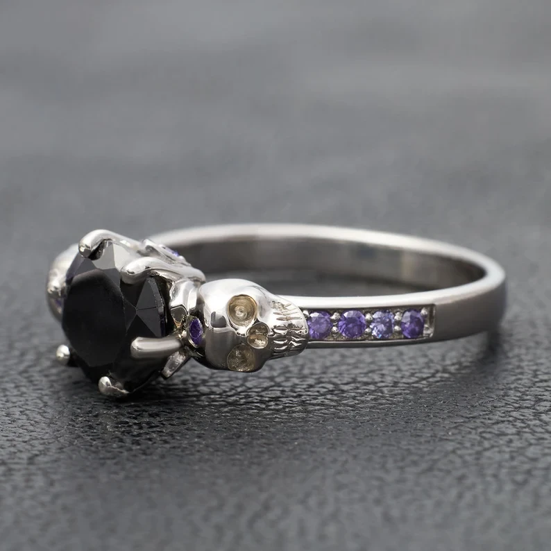 Thumbnail: Silver Skull Ring with Purple CZ – Gothic Chic