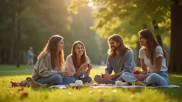 Four people sitting on a picnic blanket in a park