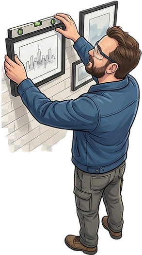 Illustrierter Handwerker beim anbringen eines Bildes – Sebastians Objektservice