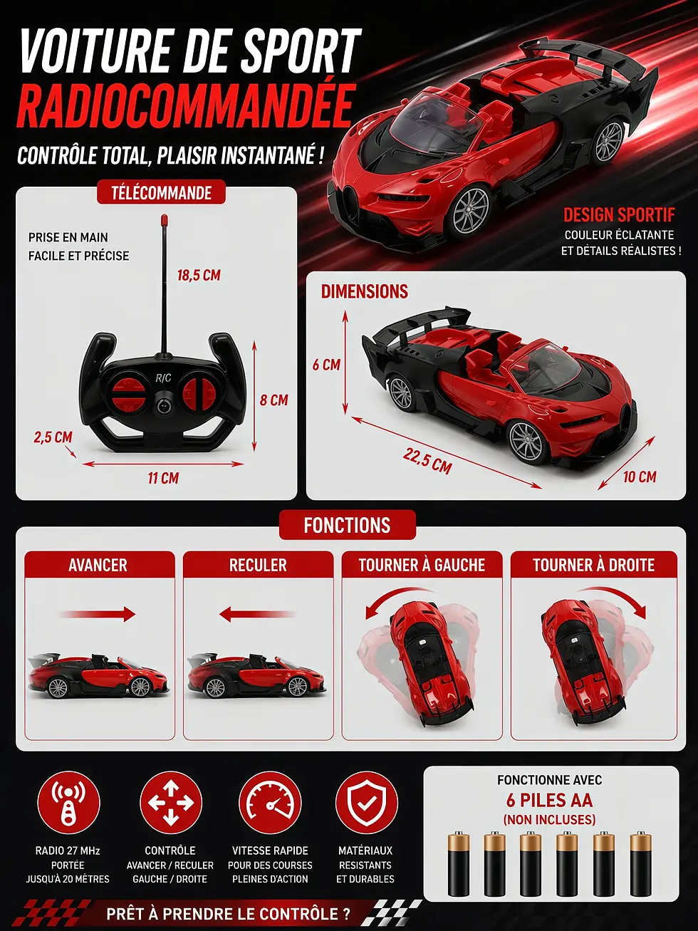 Voiture télécommandée enfant rouge style racing avec télécommande, jouet interactif facile à utiliser sans piles incluses