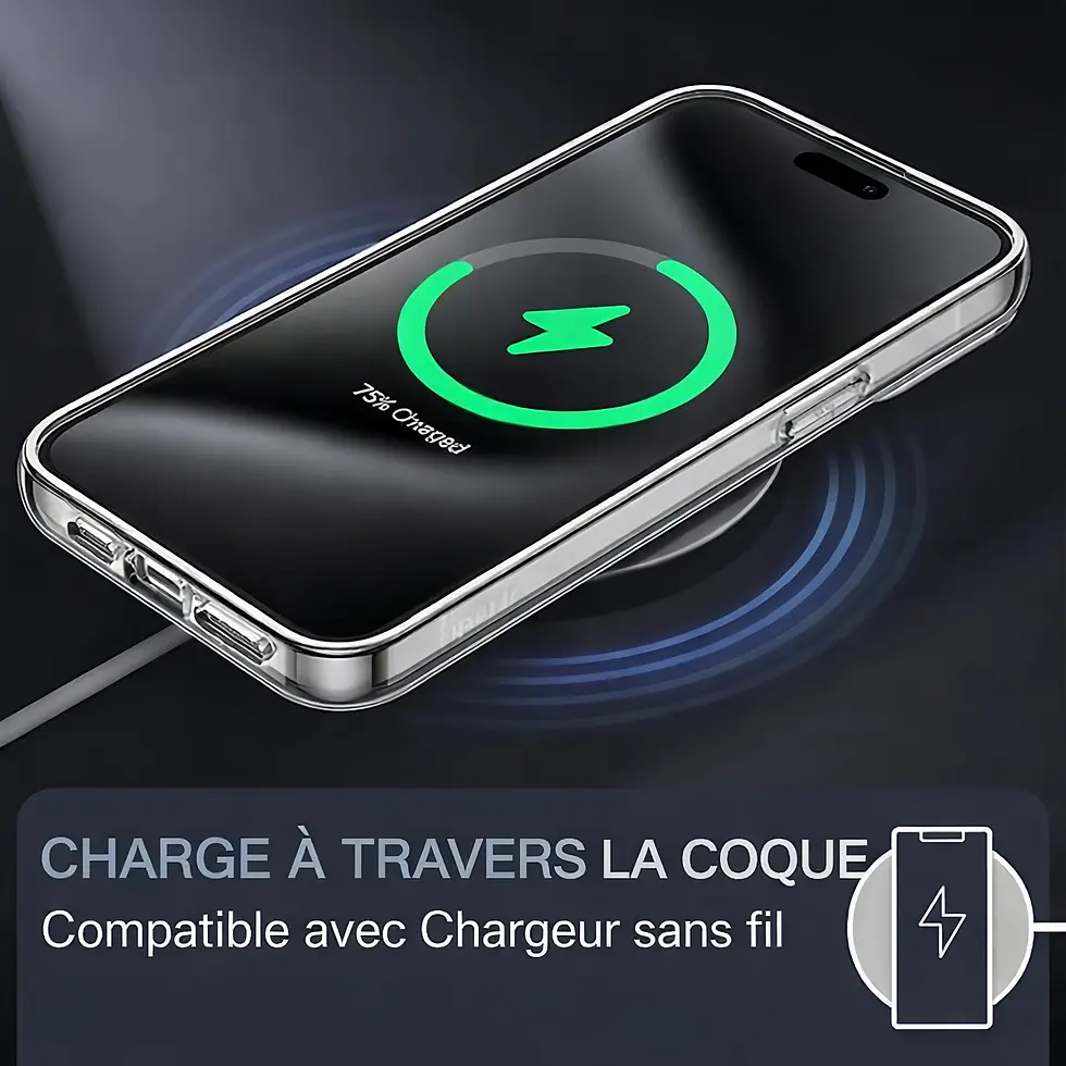 Thumbnail: coque transparente iphone 15 promax compatible charge sans fil recharge sans retirer la coque protection fine pratique