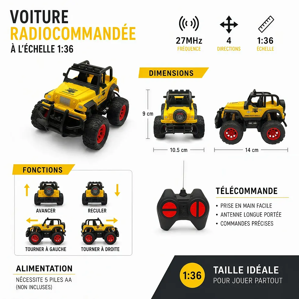 Thumbnail: Voiture télécommandée 4x4 tout terrain 1:36 avec télécommande 27MHz grandes roues et fonctions avant arrière gauche droite jo