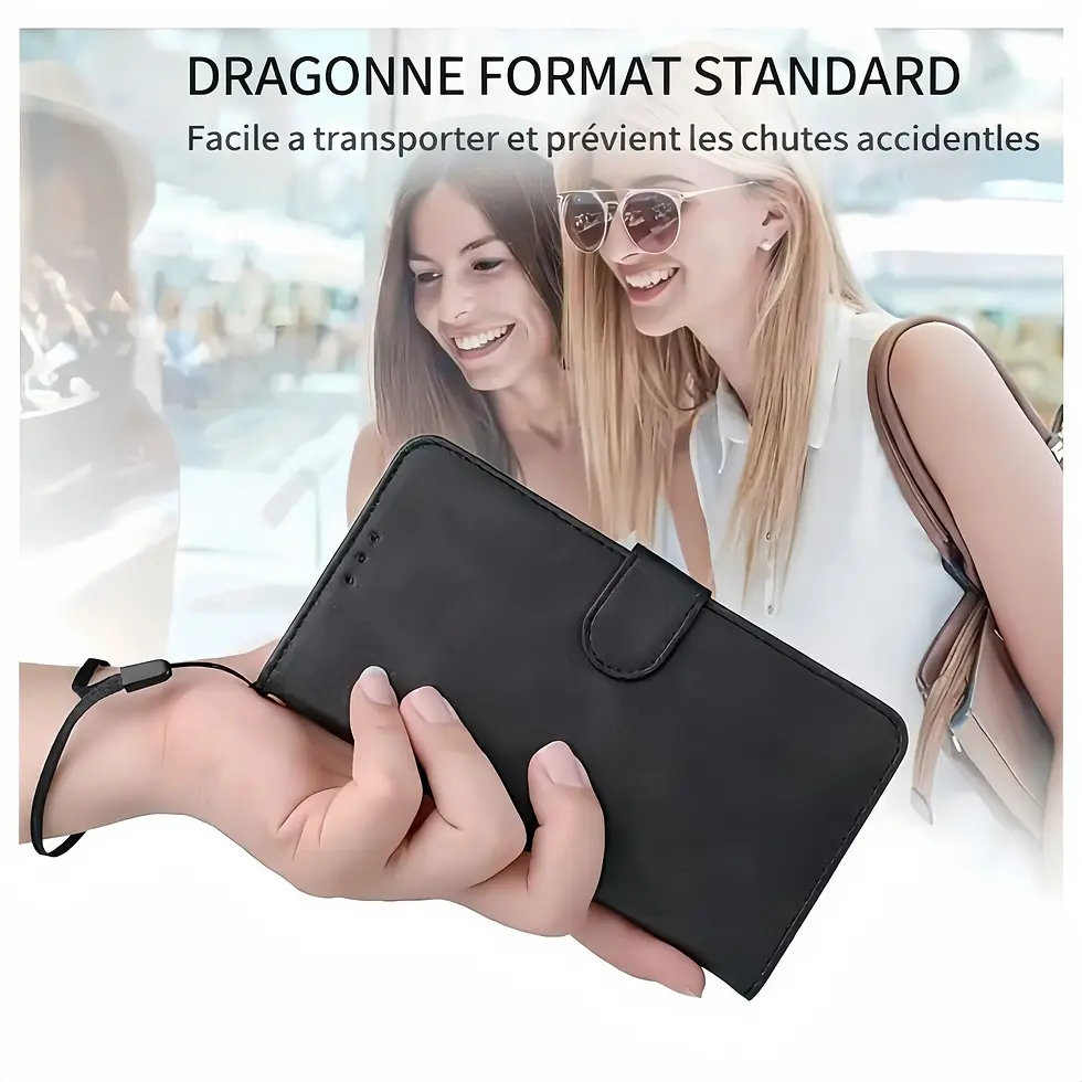 Thumbnail: Étui portefeuille noir iphone 16avec dragonne, facile à transporter et anti-chute pour smartphone