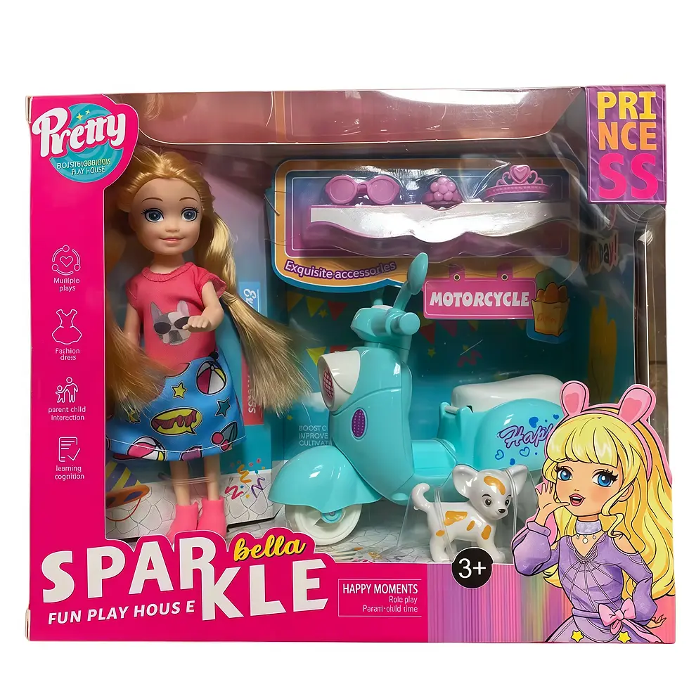 Poupée princesse avec scooter, chien et accessoires, coffret jouet fille 3+ boîte 19,5 cm sans piles
