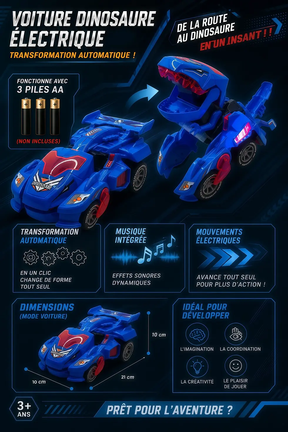 Thumbnail: Voiture dinosaure transformable électrique avec lumières et sons pour enfants