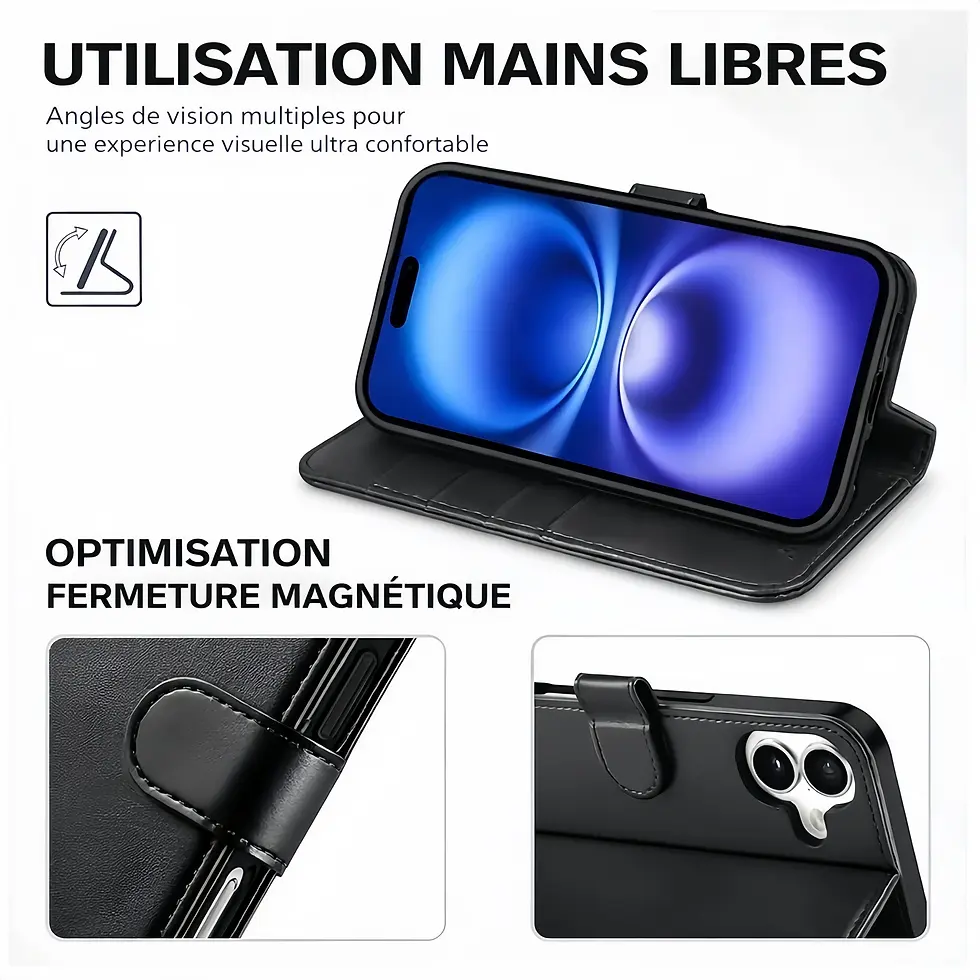 Thumbnail: Étui portefeuille noir iphone 16 plus avec support mains libres et fermeture magnétique