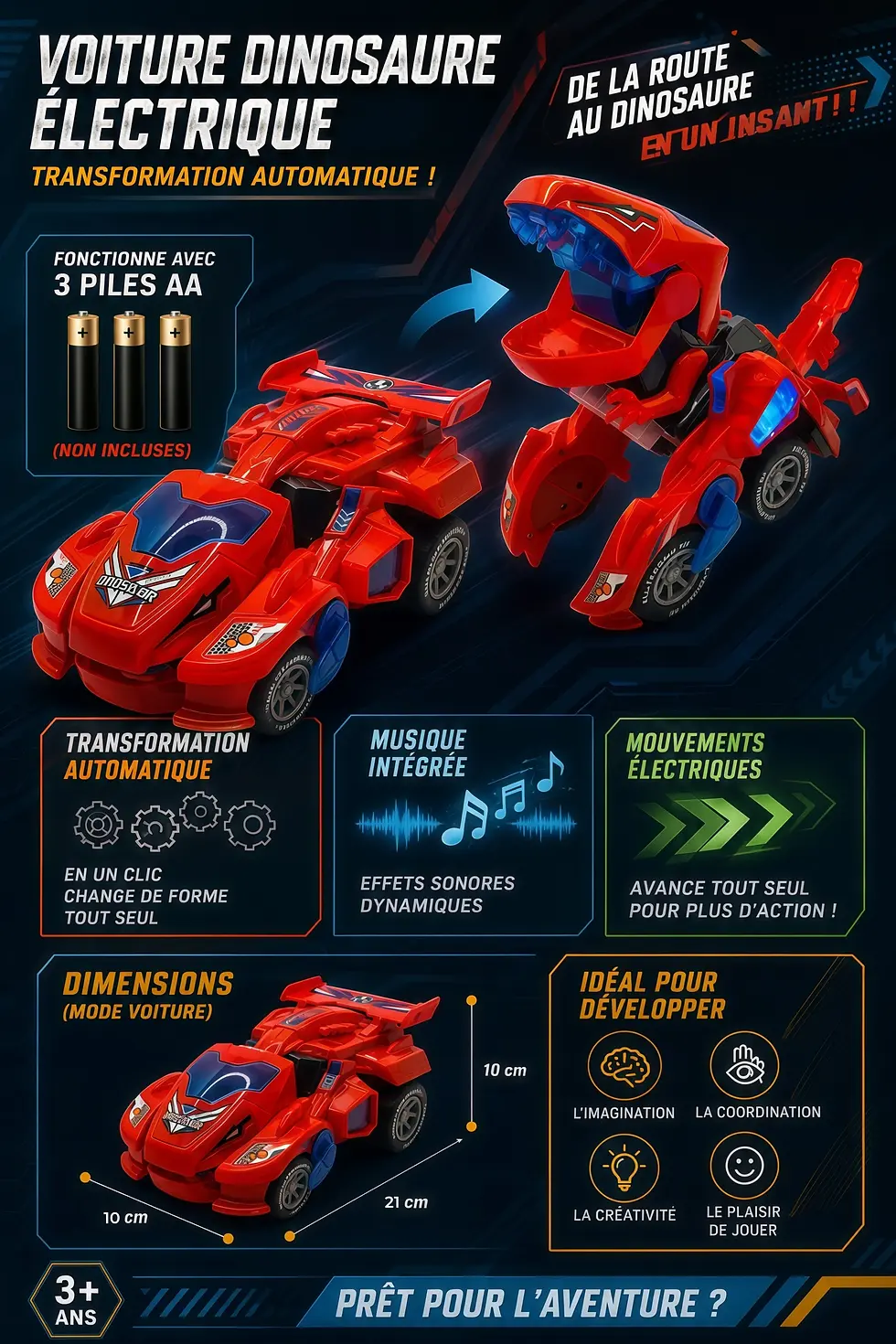 Thumbnail: Voiture dinosaure transformable électrique avec lumières et sons pour enfants
