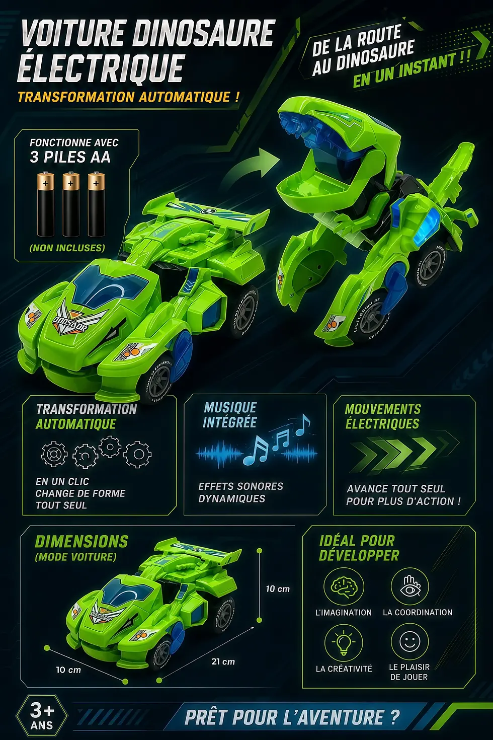 Thumbnail: Voiture dinosaure transformable électrique avec lumières et sons pour enfants