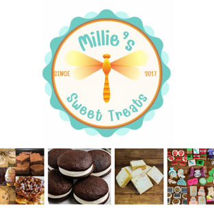Whoopie Pies, cookies, and lemon bars beneath the Millie's Sweet Treats logo