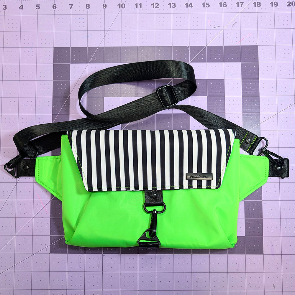 HANDMADE Neon Green and B&W Stripe crossbody purse