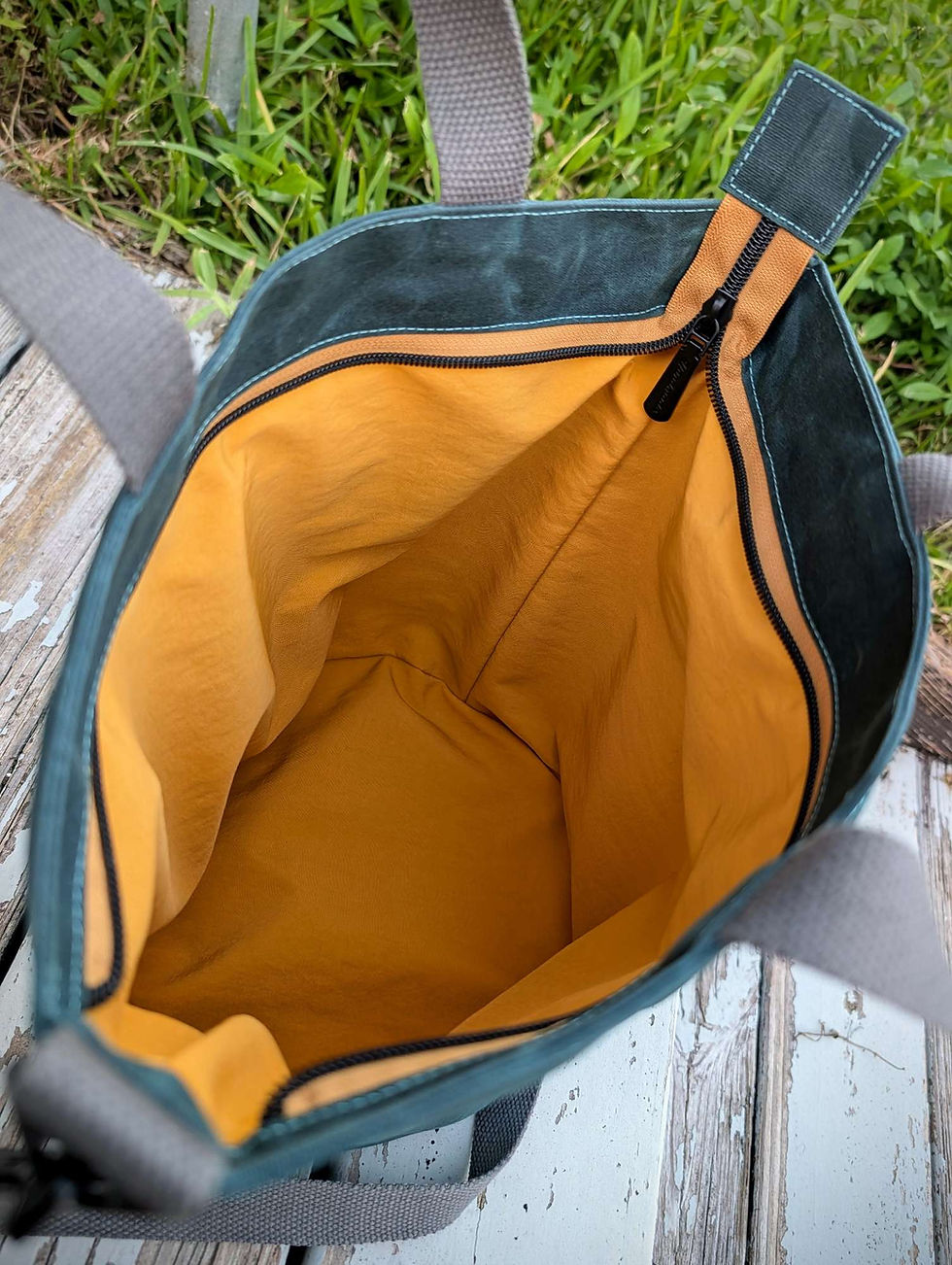 Thumbnail: HANDMADE Waxed Canvas Teal Mustard Tote