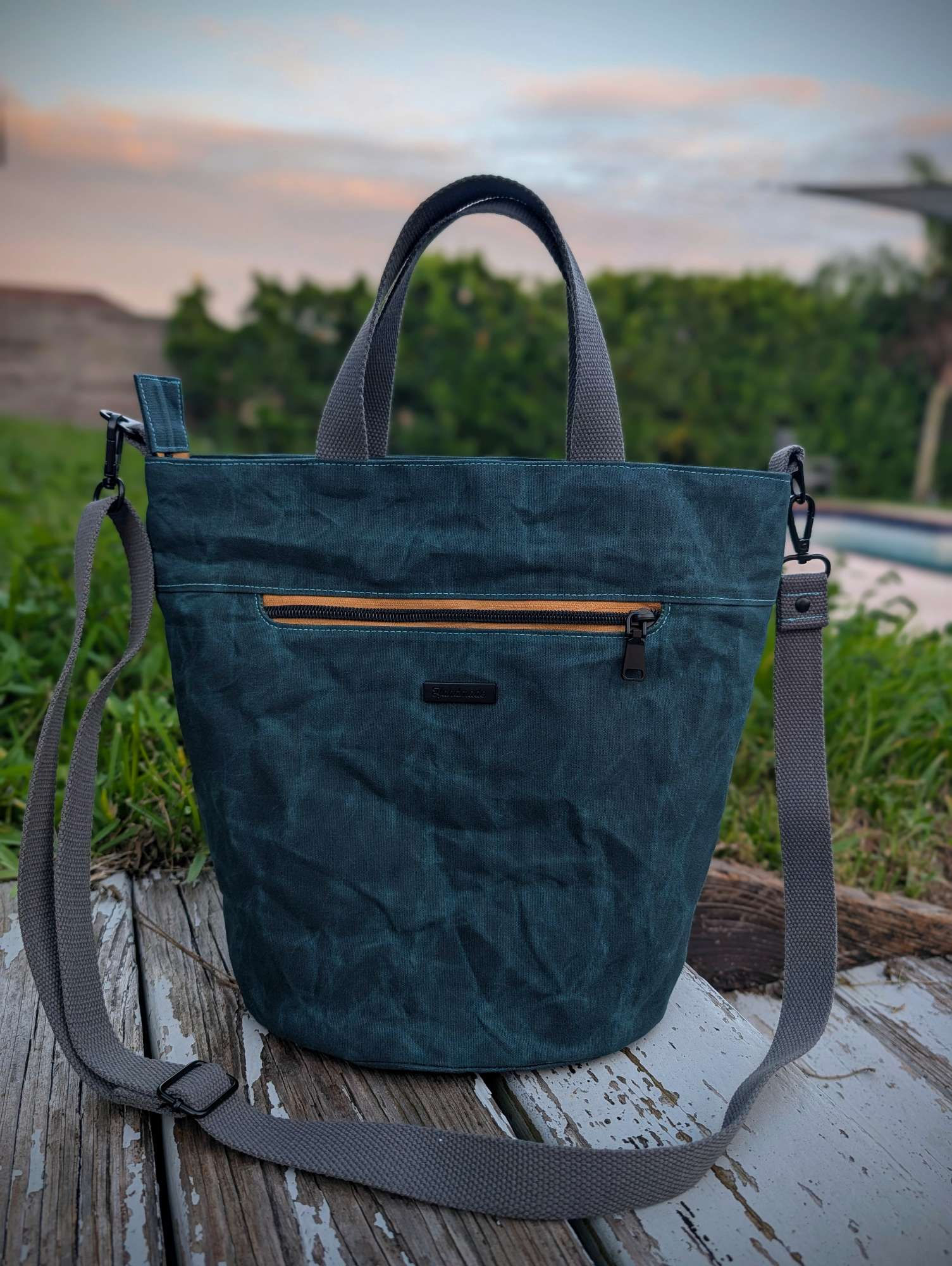 HANDMADE Waxed Canvas Teal Mustard Tote