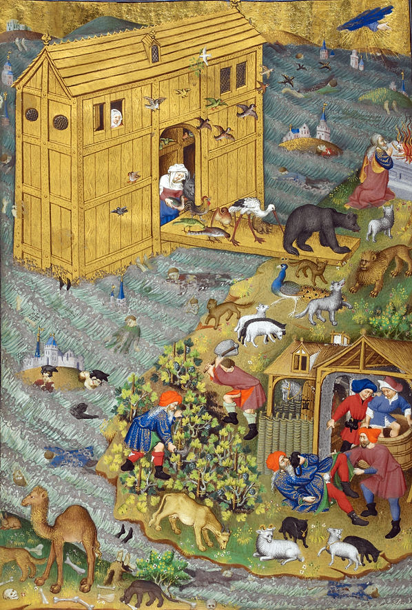 "La Sortie de l'Arche et l'ivresse de Noé", Bedford Hours, c. 1430 - British Library, Londres | De vin divin en vin Sacré : Nectar des dieux, Sang de la vigne, Sang du Christ | Enluminure | Vin et Peinture | Le Musée Virtuel du Vin