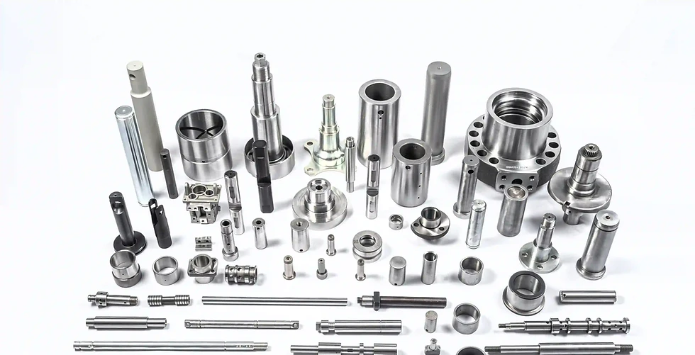 All items have a polished, high-quality metallic finish, characteristic of precision engineering and CNC machining.