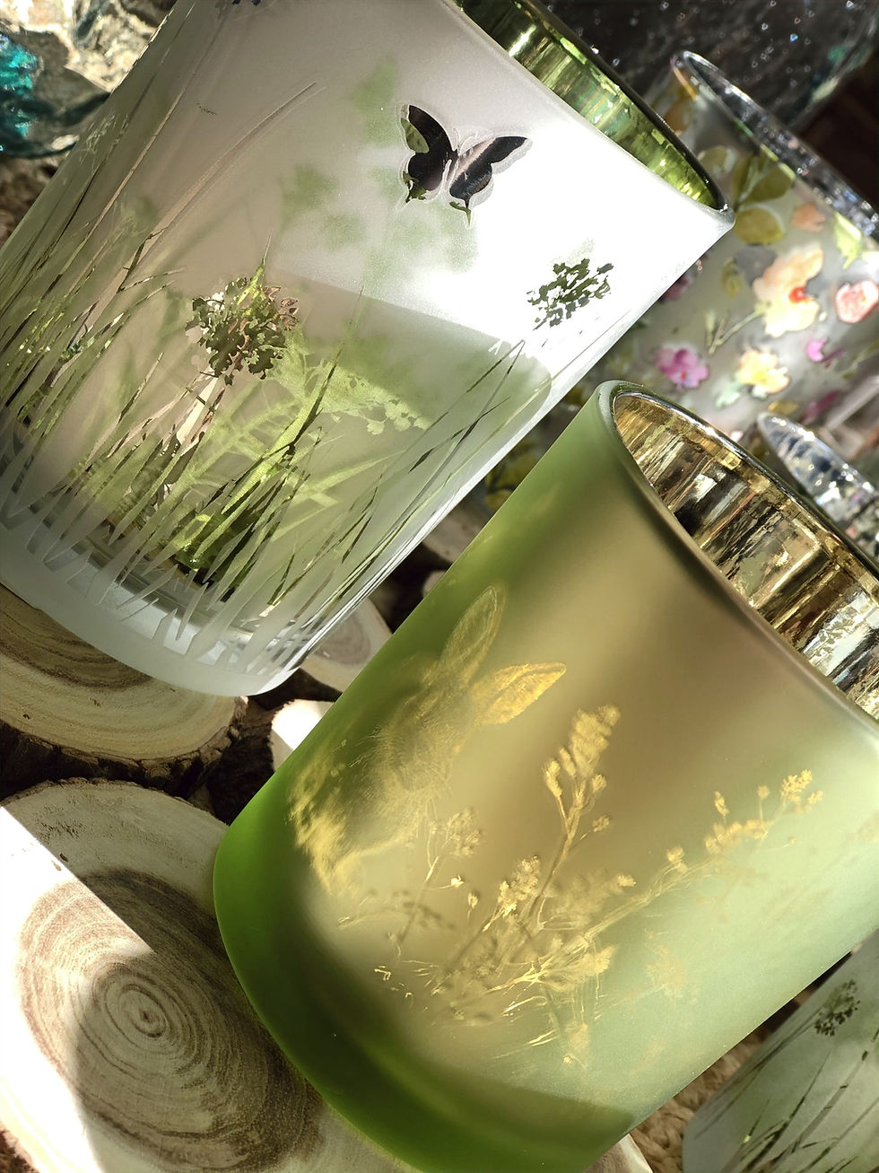 Miniature : PHOTOPHORE VERRE HERBE ET PAPILLONS LARGE