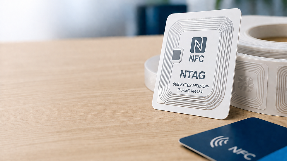 NTAG NFC samolepka s pamětí 888 B podle normy ISOIEC 14443A na stole vedle role štítků a NFC karty.
