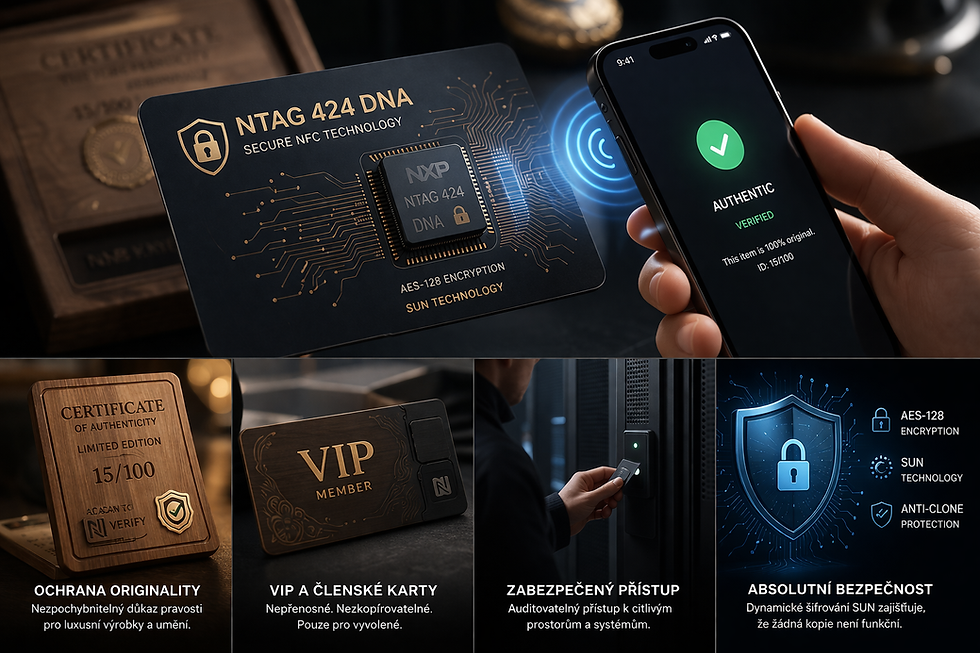 Infografika k výhodám využití čipu ntag 424 DNA