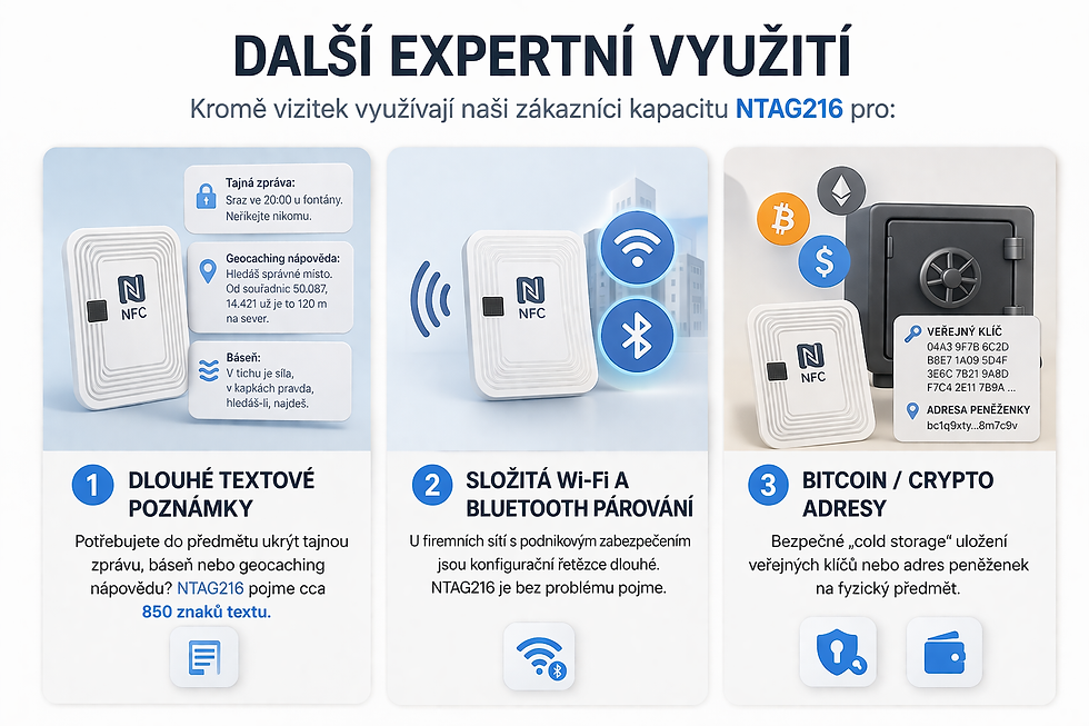 Infografika ukazuje tři pokročilá využití čipu NTAG216: ukládání delších textových poznámek, přenos složitého Wi-Fi a Bluetooth párování a bezpečné uložení veřejných klíčů nebo crypto adres.