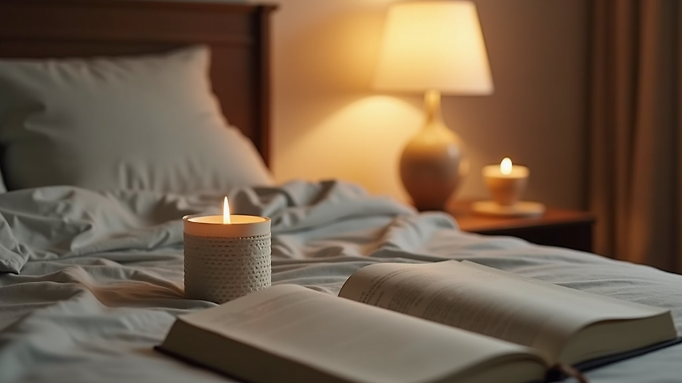 Close-up of a bedside table with a candle and a meditation journal