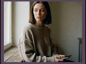woman sitting by a window, phone in hand