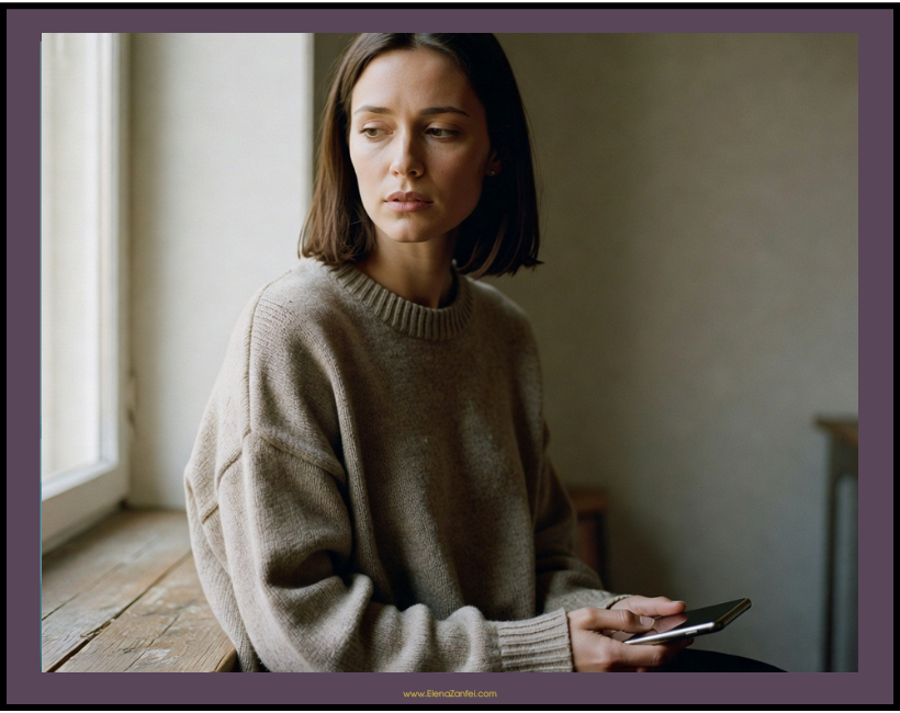 woman sitting by a window, phone in hand