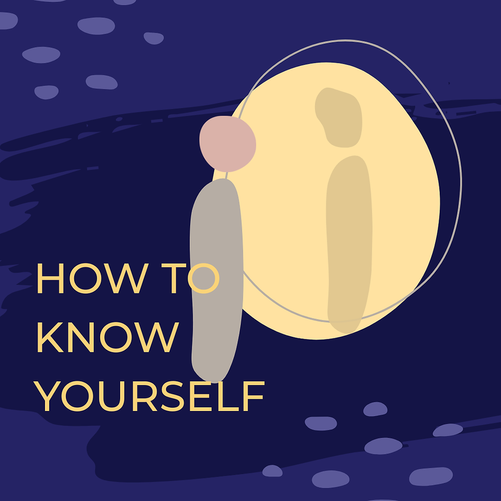 Abstract graphic of two stylized figures on a dark blue background with the text HOW TO KNOW YOURSELF in yellow.