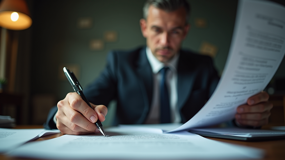 Eye-level view of a private investigator reviewing documents in an office