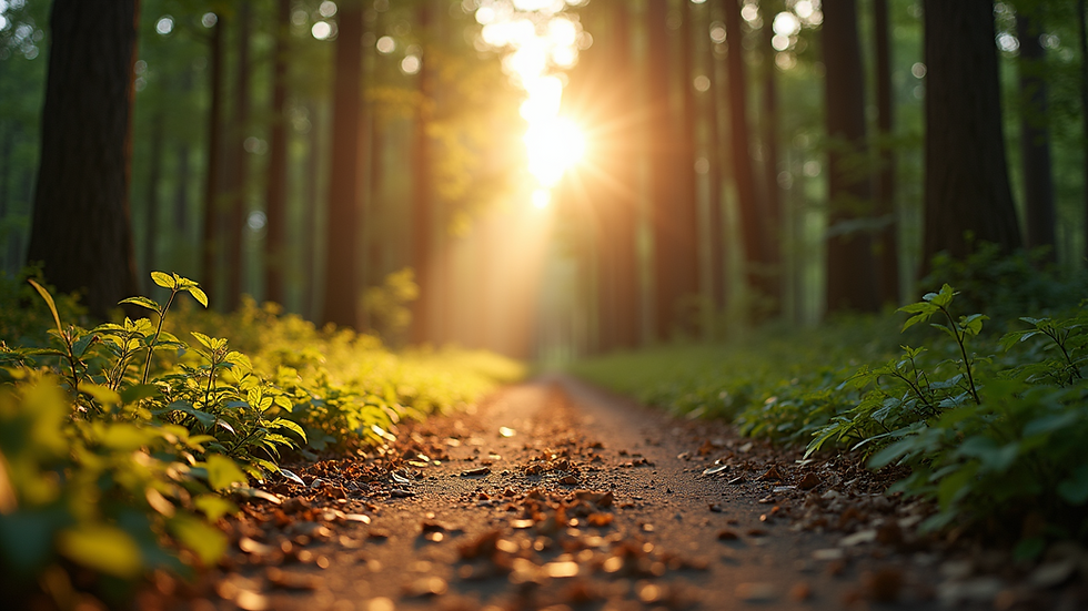 Eye-level view of a serene path through a sunlit forest
