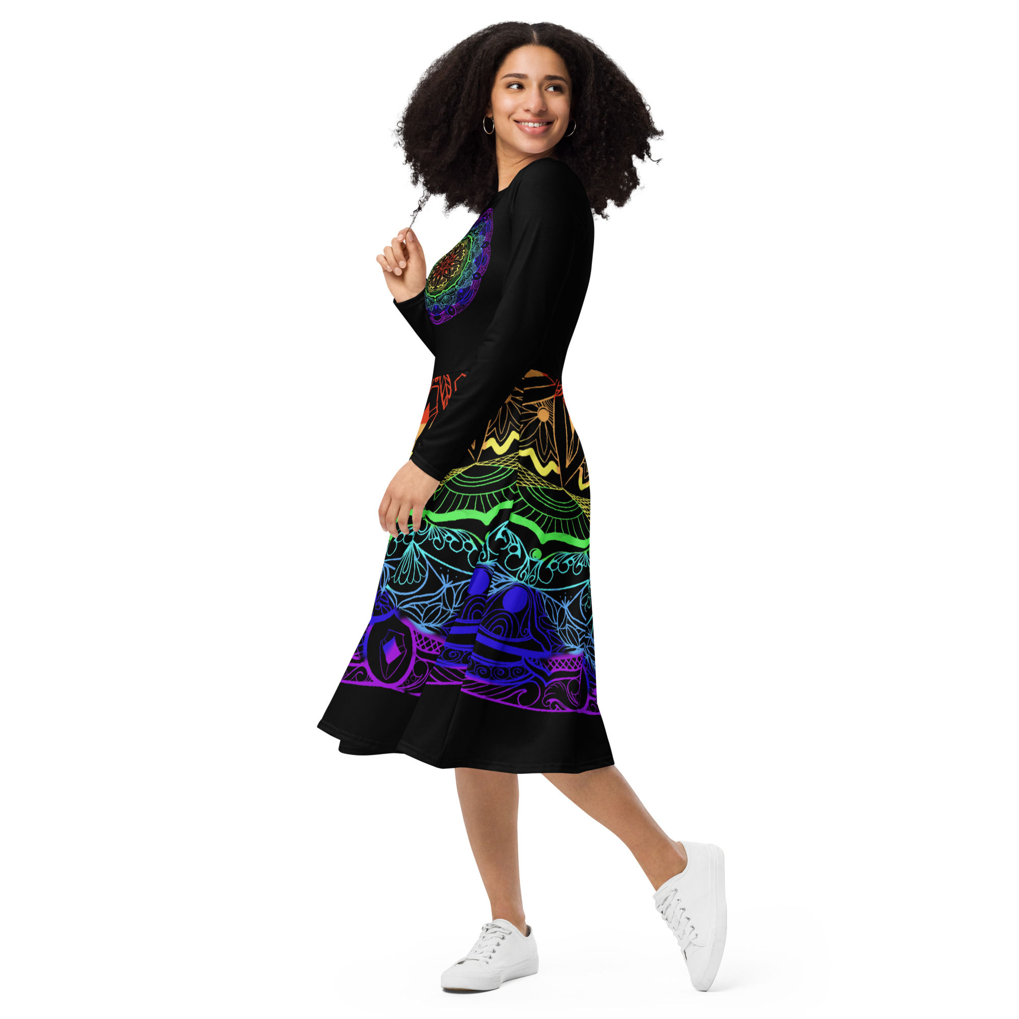 Rainbow Burst Zen Flower Long Sleeve Midi Dress