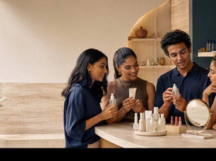 Four friends smile and examine skincare bottles at a bright, modern beauty counter with shelves of products and a round mirror.