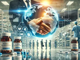 Handshake, pharma pills, glowing globe, blurred factory background MNF effect.